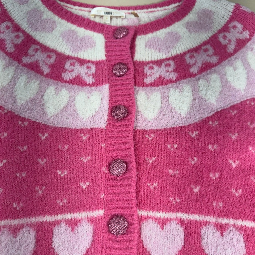LoveShackFancy Dimples Pink Heart Bow Cropped Cardigan Sweater Size M Coquette - Picture 11 of 15